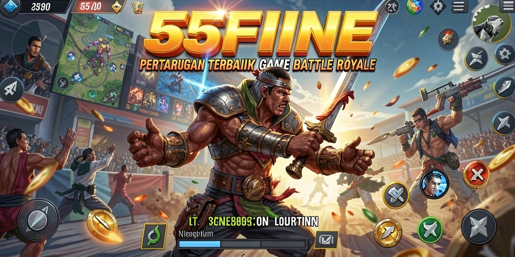 Screenshot 55FIVE menunjukkan aksi pertarungan seru dalam game Battle Royale.