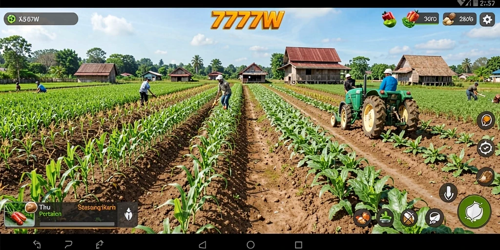 Gambaran gameplay 7777W dengan visual pertanian yang menarik.