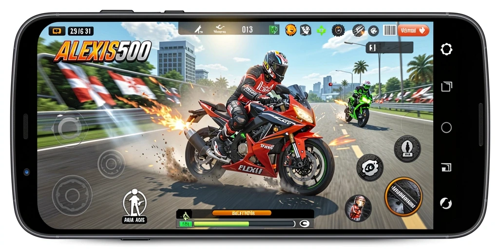 Screenshot gameplay ALEXIS500 menampilkan aksi balap motor yang mendebarkan.