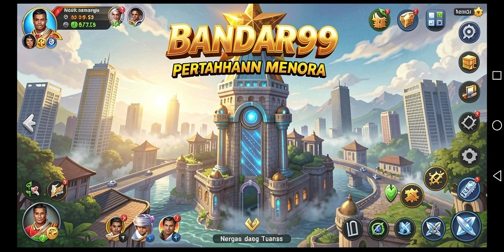 Tampilan gameplay BANDAR99 dengan menara yang memukau dan musuh yang menyerang.