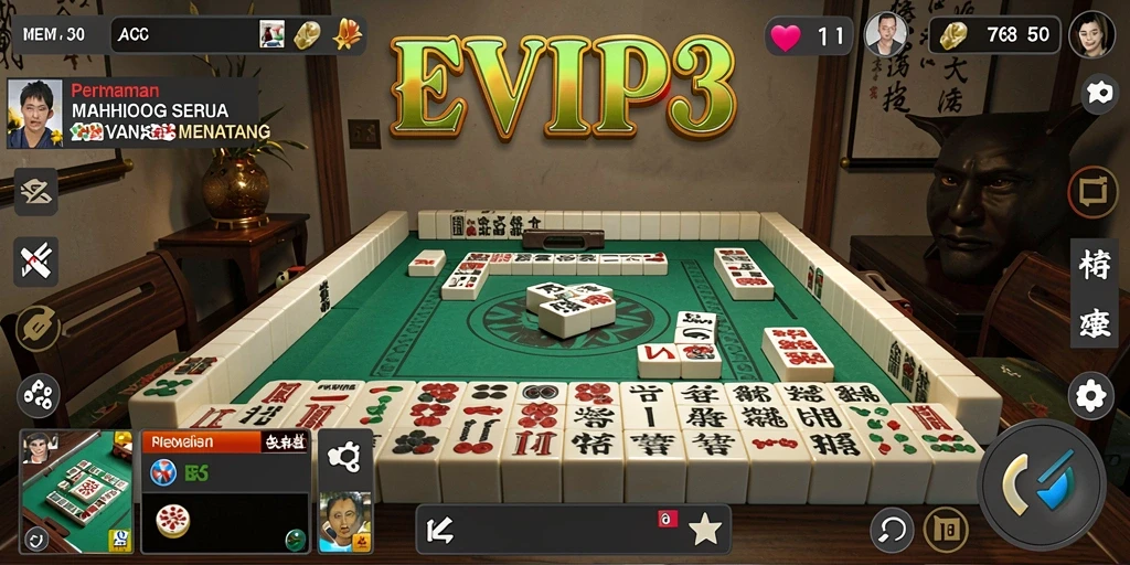 Tampilan gameplay <strong>EVIP3</strong> dengan ubin Mahjong yang berwarna-warni dan menarik.