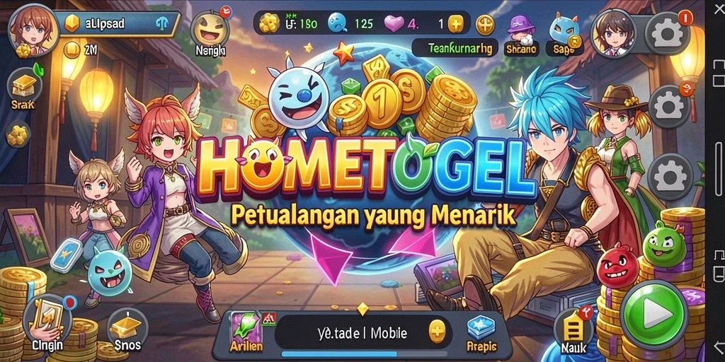 Tampilan gameplay HOMETOGEL yang penuh warna dan karakter menarik.