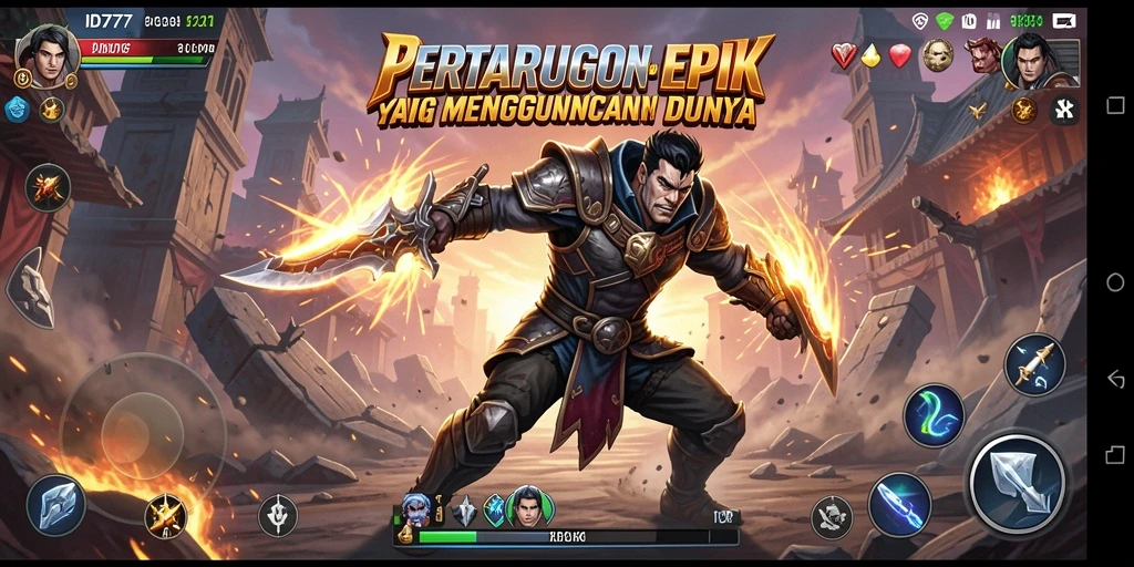 Screenshot gameplay <strong>ID777</strong> menampilkan pertarungan epik dengan karakter yang kuat.
