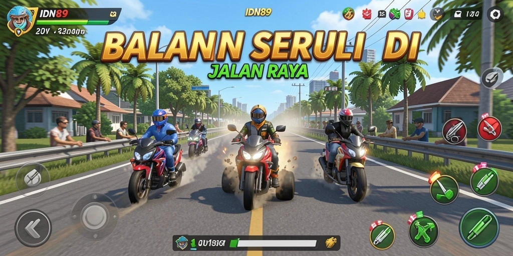Tampilan gameplay seru dalam balapan di IDN89 dengan mobil yang beragam.