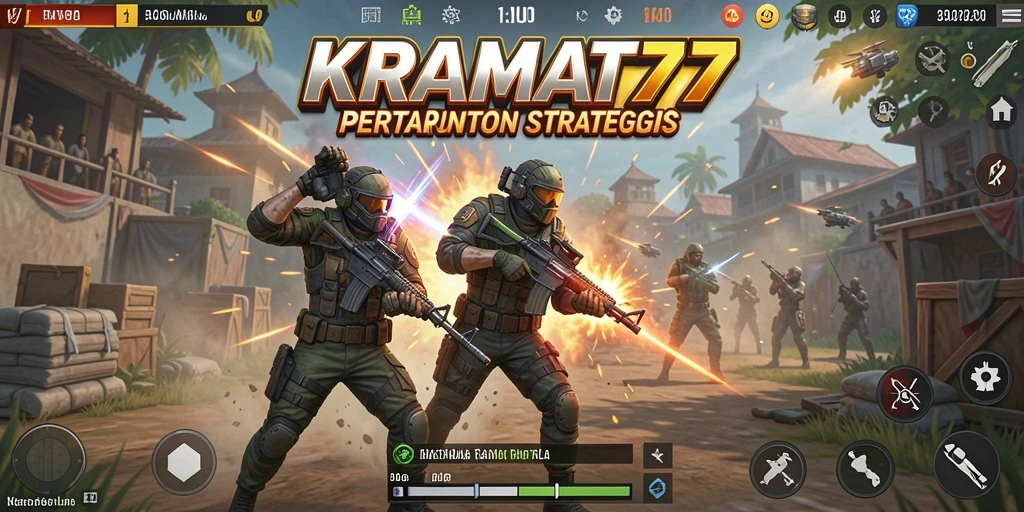 Tampilan gameplay menarik di KRAMAT77 saat bertempur di arena Battle Royale.