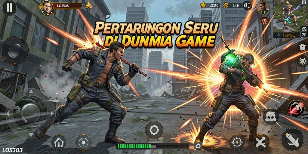 Screenshot gameplay menunjukkan pertarungan seru di arena <strong>LOS303</strong>.