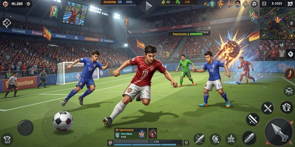 Screenshot MLBB8 menampilkan pertandingan sepak bola yang mendebarkan dan grafis yang mengagumkan.