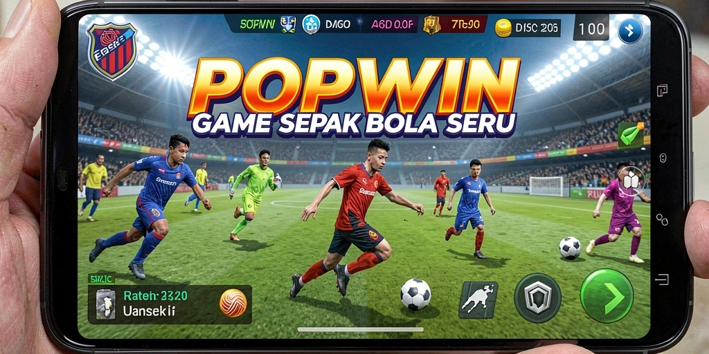 Screenshot utama POPWIN menampilkan gameplay seru sepak bola.