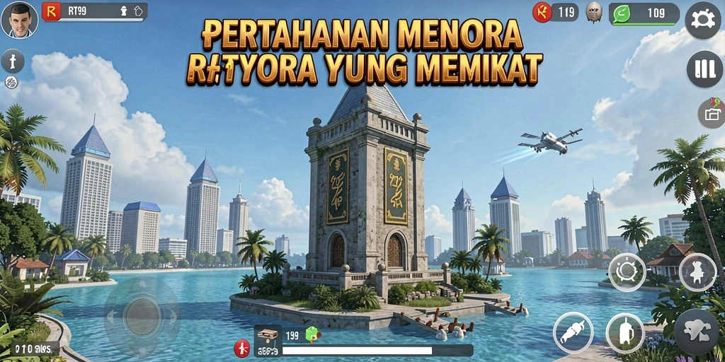Screenshot dari gameplay Tower Defense seru RT99 dengan menara yang terpasang strategis.