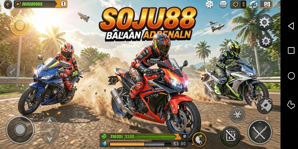 Gameplay seru balapan motor di SOJU88 dengan motor yang kencang.