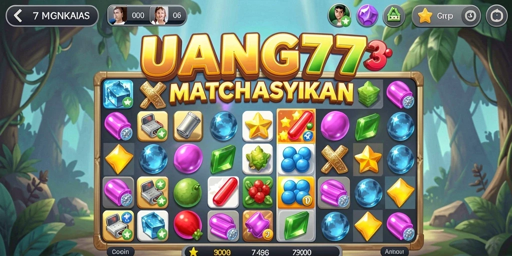 Screenshot UANG77 menampilkan gameplay Match-3 yang seru dan penuh warna.